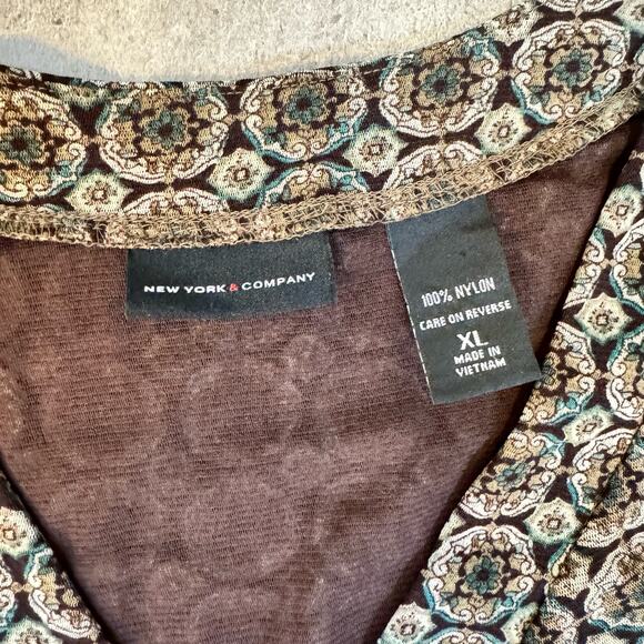 Vintage Y2K 90s Style NY&Co Ruched Mesh Top Brown Medallion Pattern Women's XL - Picture 4 of 14